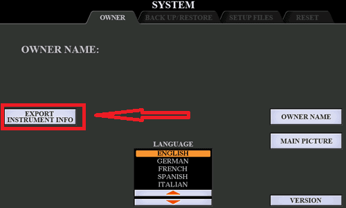 PSR S975 Export Instrument Info screen