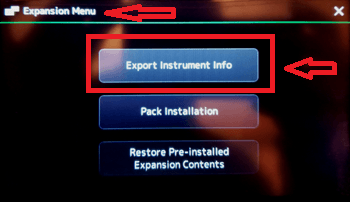Genos Export Instrument Info screen